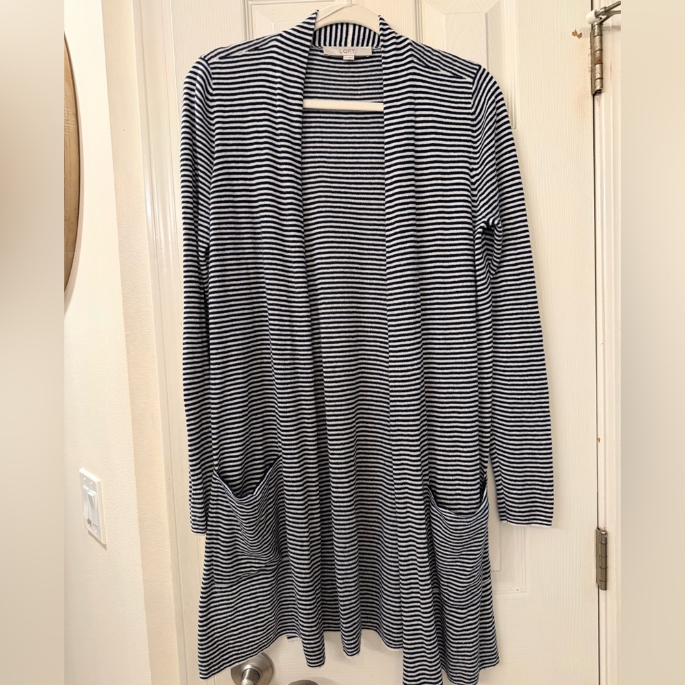 LOFT Navy and White Striped Cardigan